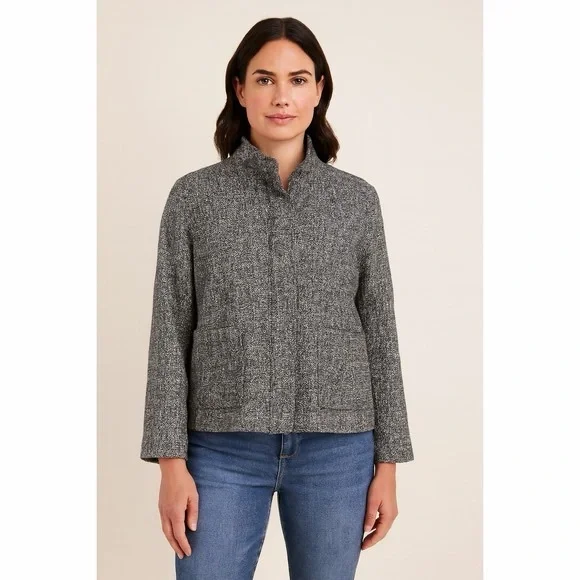 Eileen Fisher Black White Organic Cotton Tweed Stand Collar Jacket medium - Picture 8 of 8